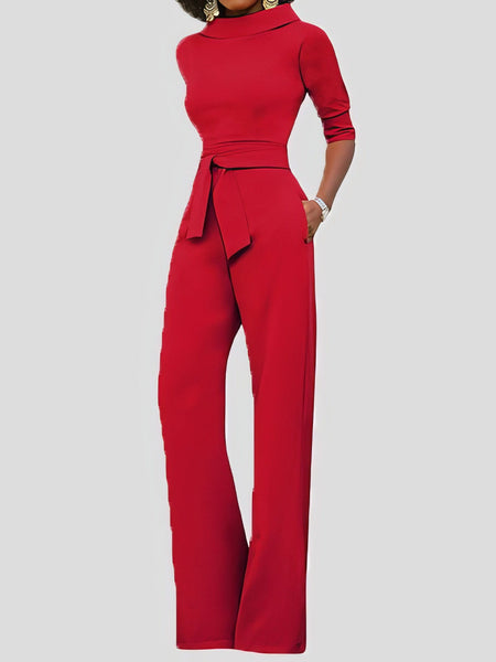 Women's Five-Point Sleeve Belted Wide-Leg Crepe Jumpsuit