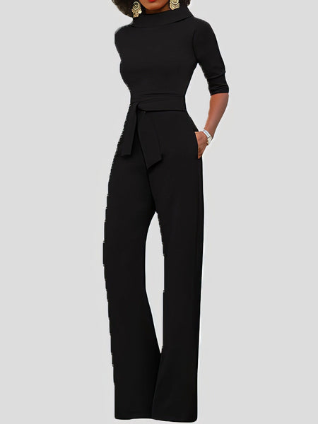 Women's Five-Point Sleeve Belted Wide-Leg Crepe Jumpsuit