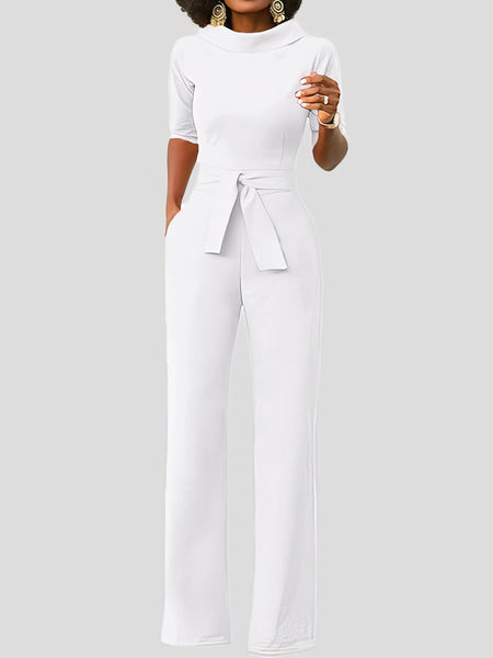 Women's Five-Point Sleeve Belted Wide-Leg Crepe Jumpsuit