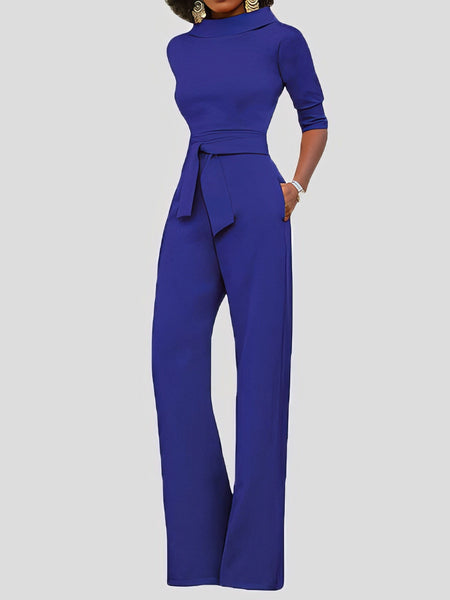Women's Five-Point Sleeve Belted Wide-Leg Crepe Jumpsuit