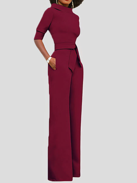 Women's Five-Point Sleeve Belted Wide-Leg Crepe Jumpsuit