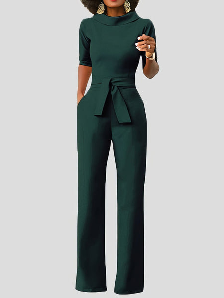 Women's Five-Point Sleeve Belted Wide-Leg Crepe Jumpsuit