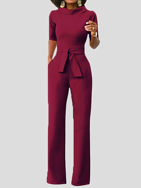 Women's Five-Point Sleeve Belted Wide-Leg Crepe Jumpsuit