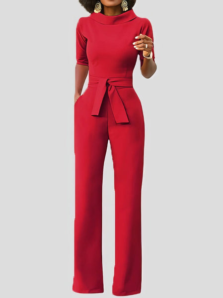Women's Five-Point Sleeve Belted Wide-Leg Crepe Jumpsuit