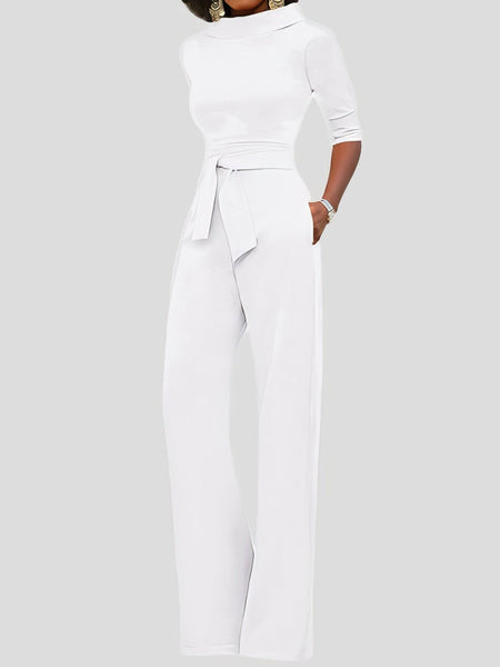 Women's Five-Point Sleeve Belted Wide-Leg Crepe Jumpsuit