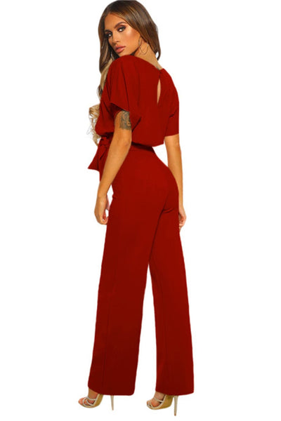 Women's Five-Point Sleeve Belted Wide-Leg Crepe Jumpsuit