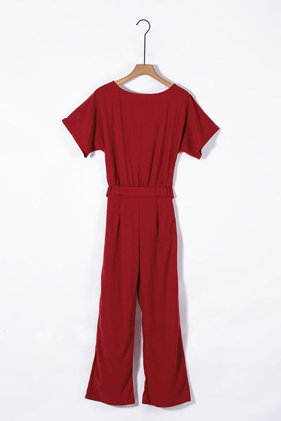 Women's Five-Point Sleeve Belted Wide-Leg Crepe Jumpsuit