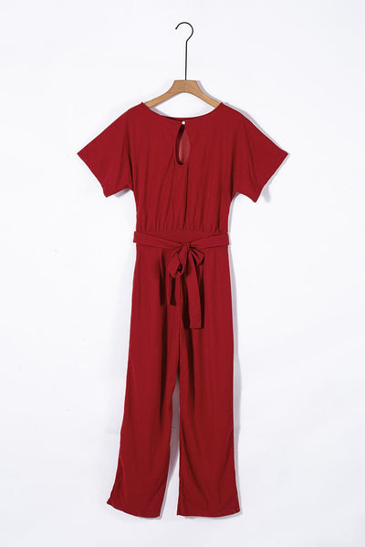 Women's Five-Point Sleeve Belted Wide-Leg Crepe Jumpsuit