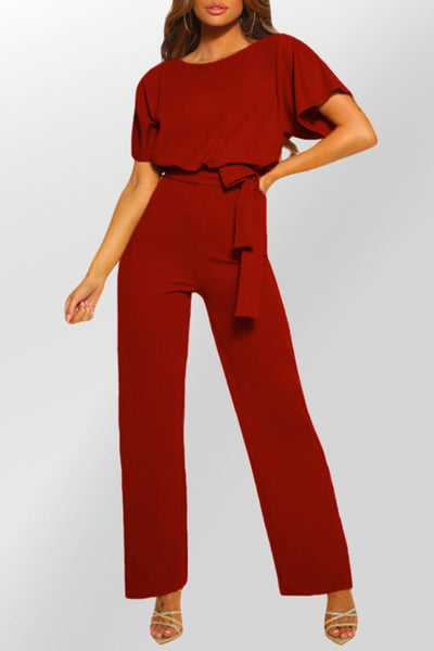 Women's Five-Point Sleeve Belted Wide-Leg Crepe Jumpsuit