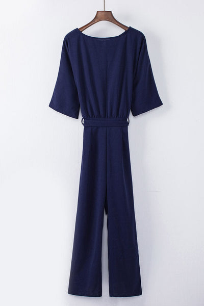 Women's Five-Point Sleeve Belted Wide-Leg Crepe Jumpsuit