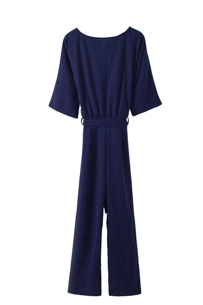Women's Five-Point Sleeve Belted Wide-Leg Crepe Jumpsuit