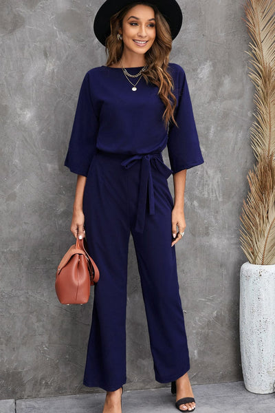 Women's Five-Point Sleeve Belted Wide-Leg Crepe Jumpsuit
