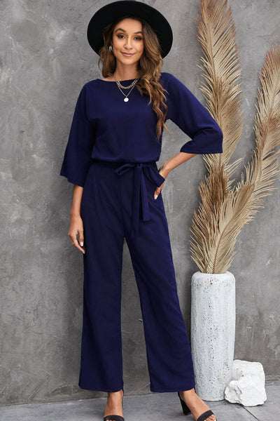 Women's Five-Point Sleeve Belted Wide-Leg Crepe Jumpsuit