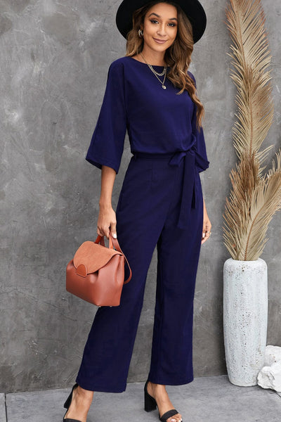 Women's Five-Point Sleeve Belted Wide-Leg Crepe Jumpsuit