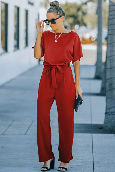 Women's Five-Point Sleeve Belted Wide-Leg Crepe Jumpsuit