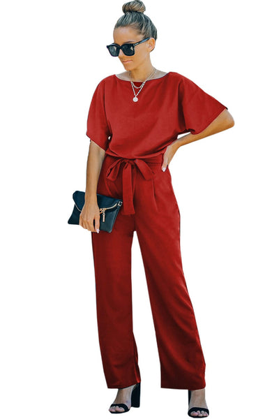 Women's Five-Point Sleeve Belted Wide-Leg Crepe Jumpsuit
