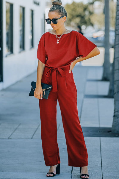 Women's Five-Point Sleeve Belted Wide-Leg Crepe Jumpsuit