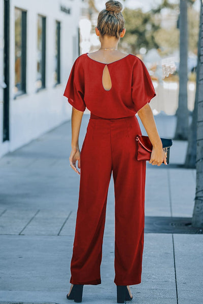 Women's Five-Point Sleeve Belted Wide-Leg Crepe Jumpsuit