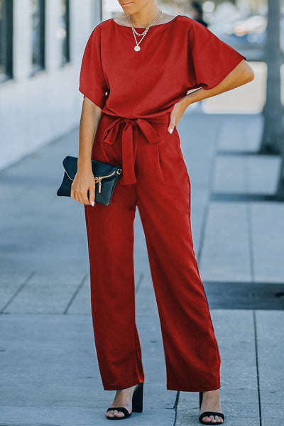 Women's Five-Point Sleeve Belted Wide-Leg Crepe Jumpsuit