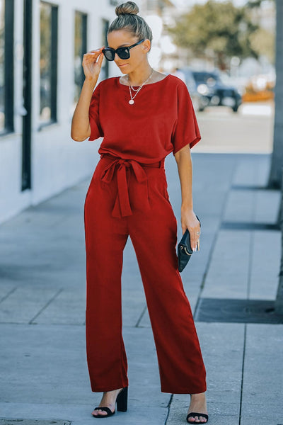 Women's Five-Point Sleeve Belted Wide-Leg Crepe Jumpsuit