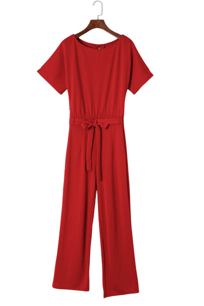Women's Five-Point Sleeve Belted Wide-Leg Crepe Jumpsuit