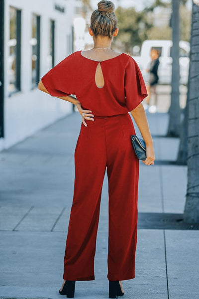Women's Five-Point Sleeve Belted Wide-Leg Crepe Jumpsuit