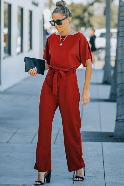 Women's Five-Point Sleeve Belted Wide-Leg Crepe Jumpsuit