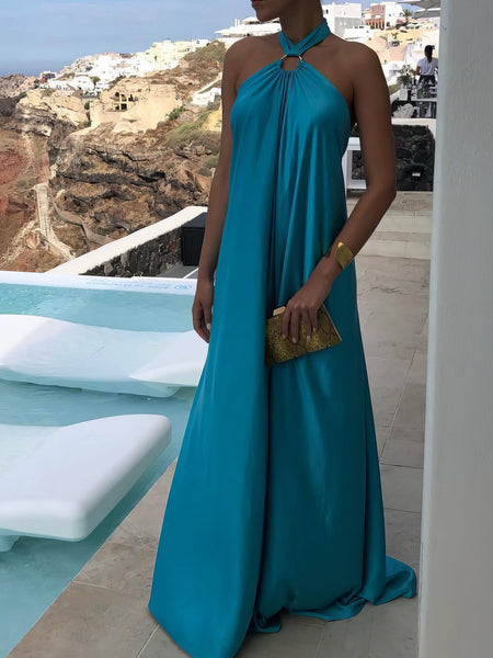 Solid Halter Neck Open Back Sleeveless Dress