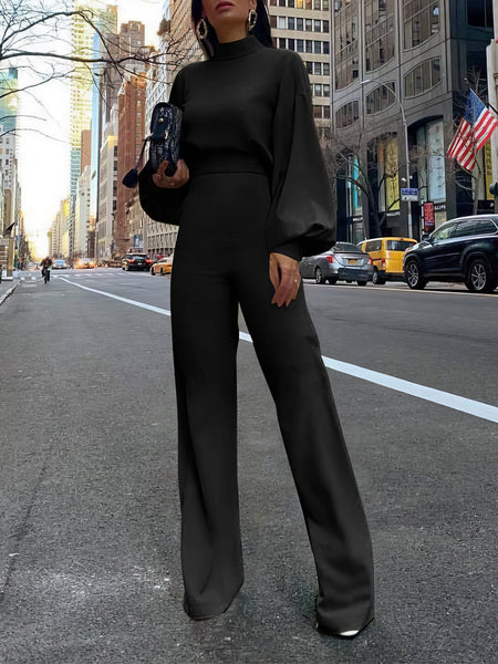 Solid High-necked Long-sleeved Casual Jumpsuit