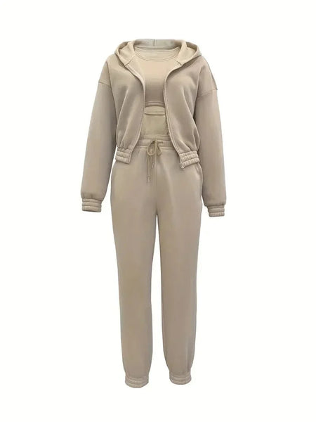 Solid Hooded Jacket & Crew Neck Tank & Elastic Waist Jogger Pants Three-Piece Set