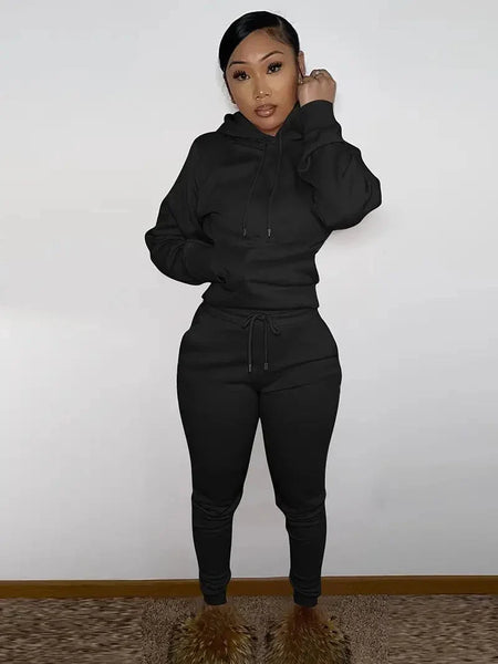 Solid Hooded Long Sleeve Tops Drawstring Pants Outdoor Sports Set