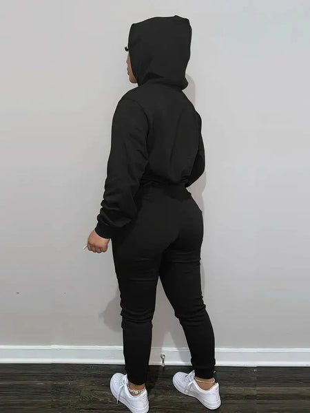 Solid Hooded Long Sleeve Tops Drawstring Pants Outdoor Sports Set