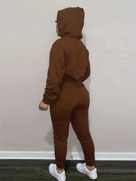 Solid Hooded Long Sleeve Tops Drawstring Pants Outdoor Sports Set