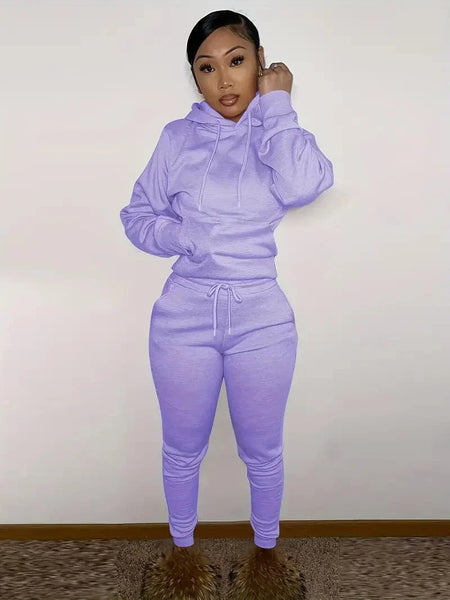 Solid Hooded Long Sleeve Tops Drawstring Pants Outdoor Sports Set