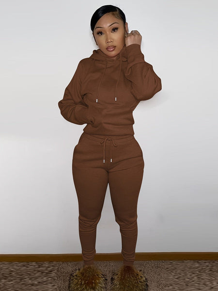Solid Hooded Long Sleeve Tops Drawstring Pants Outdoor Sports Set