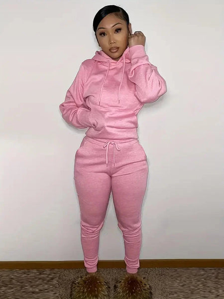 Solid Hooded Long Sleeve Tops Drawstring Pants Outdoor Sports Set