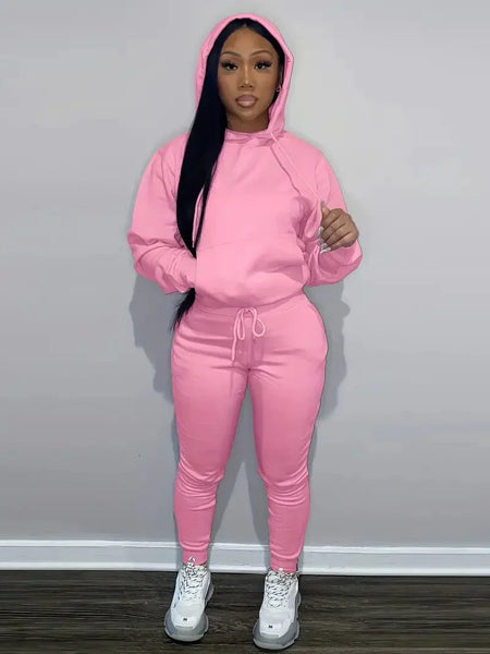 Solid Hooded Long Sleeve Tops Drawstring Pants Outdoor Sports Set