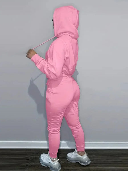 Solid Hooded Long Sleeve Tops Drawstring Pants Outdoor Sports Set