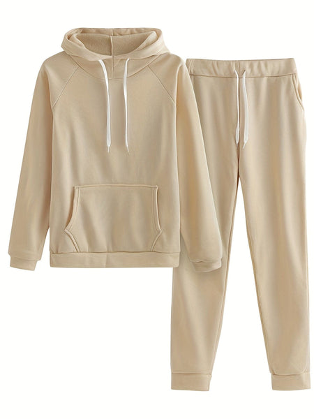 Solid Kangaroo Pocket Hoodie & Drawstring Pants Two-Piece Set