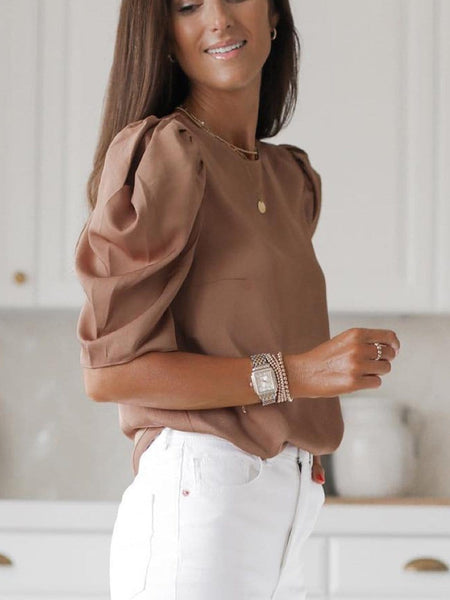 Women's Puff Sleeve Knit Blouse with Ruched Shoulders made for easy styling and wardrobe coordination, with premium-like structure and finish.