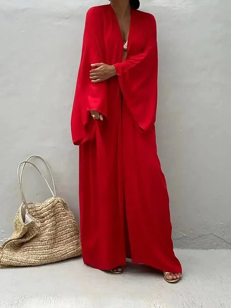 Red Beach Kimono with Wide Sleeves