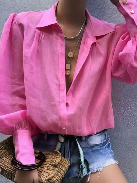 Women's Solid Long-sleeved Lapel Shirt in Blouses & Shirts