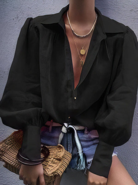 Women's Solid Long-sleeved Lapel Shirt in Blouses & Shirts