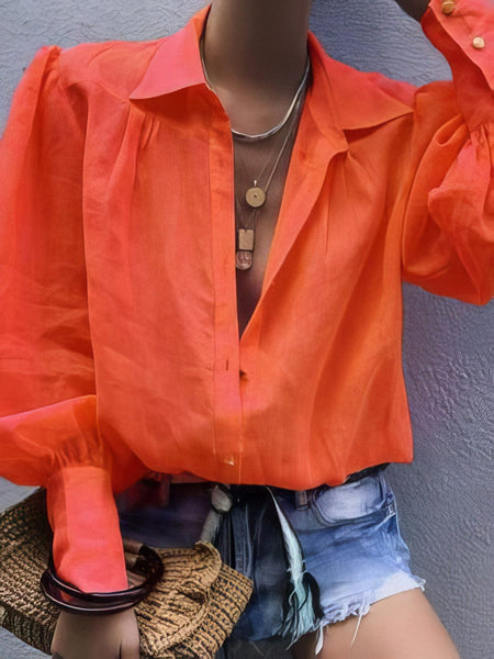 Women's Solid Long-sleeved Lapel Shirt in Blouses & Shirts