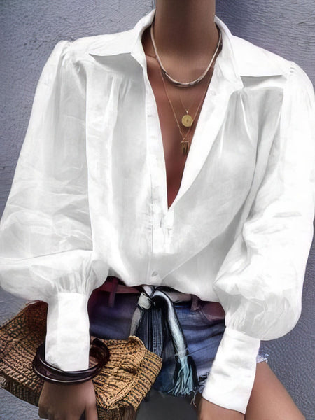Women's Solid Long-sleeved Lapel Shirt in Blouses & Shirts