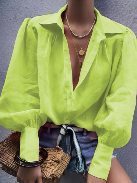 Women's Solid Long-sleeved Lapel Shirt in Blouses & Shirts