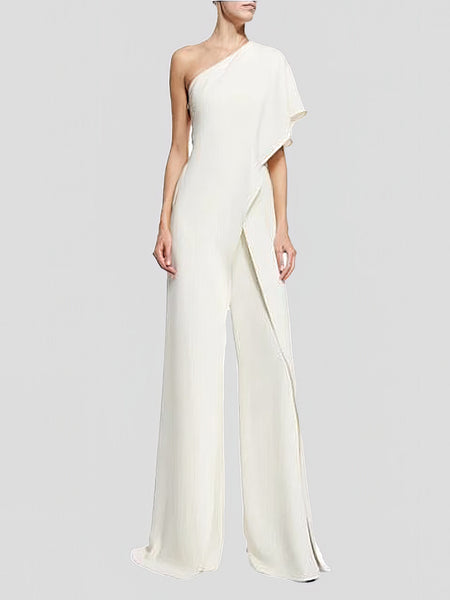 Solid One Shoulder Wide Leg Jumpsuit