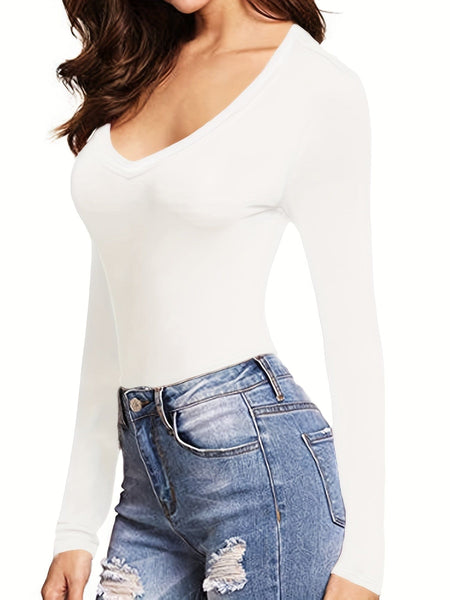 Solid Plunging V-Neck Long Sleeve One-Piece Jumpsuit