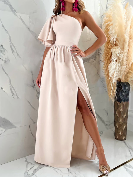 Solid Sloping Shoulder Slit Dress