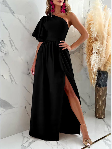 Solid Sloping Shoulder Slit Dress